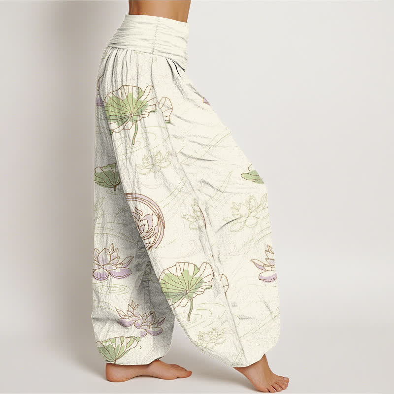 Buddha Stones Pantalon harem à taille élastique pour femme, motif lotus ondulé en coton - image 7