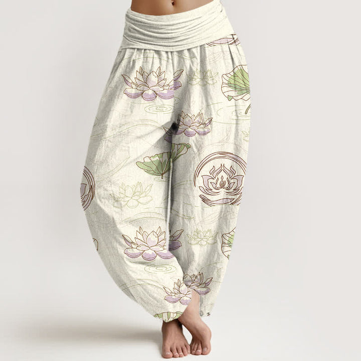 Buddha Stones Pantalon harem à taille élastique pour femme, motif lotus ondulé en coton - Ivoire - US16，UK/AU20，EU48 (3XL) - image 5