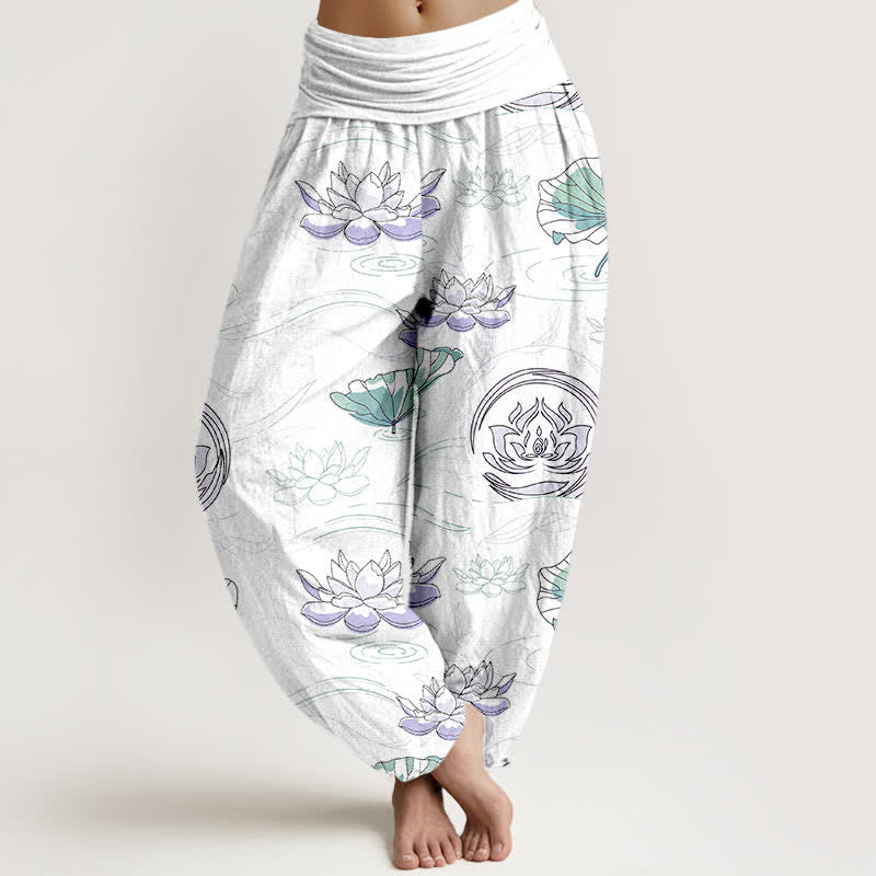 Buddha Stones Pantalon harem à taille élastique pour femme, motif lotus ondulé en coton - Blanc - US16，UK/AU20，EU48 (3XL) - image 8