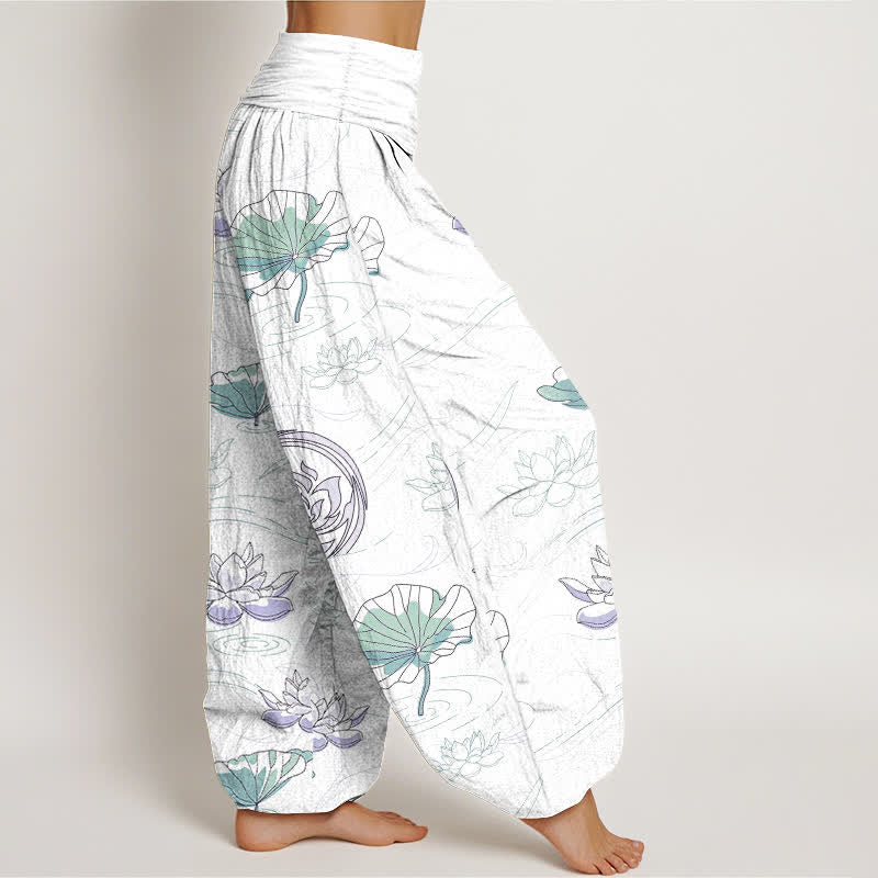 Buddha Stones Pantalon harem à taille élastique pour femme, motif lotus ondulé en coton - image 10