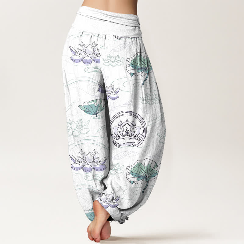 Buddha Stones Pantalon harem à taille élastique pour femme, motif lotus ondulé en coton - image 9