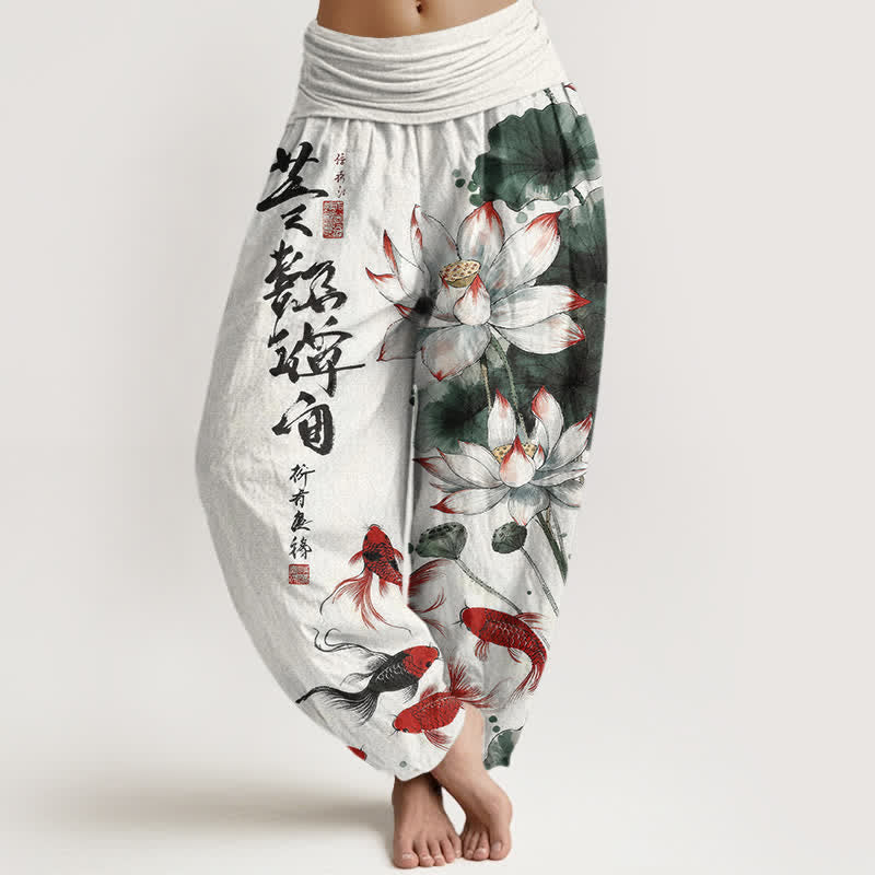 Buddha Stones Pantalon harem à taille élastique pour femme, en coton, avec motif calligraphique à l'encre de carpes koï rouges et lotus. - FloralWhite - US16，UK/AU20，EU48 (3XL) - image 0