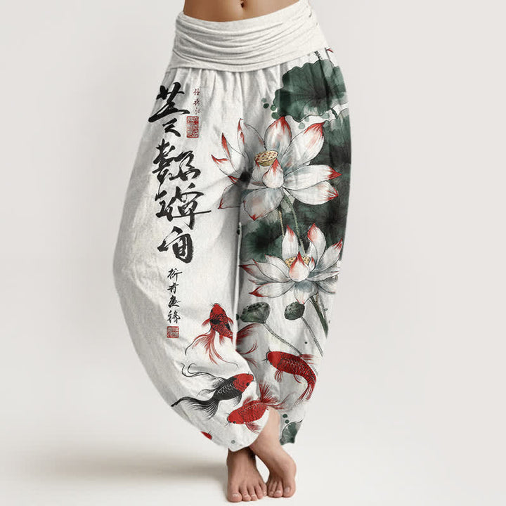 Buddha Stones Pantalon harem à taille élastique pour femme, en coton, avec motif calligraphique à l'encre de carpes koï rouges et lotus. - FloralWhite - US16，UK/AU20，EU48 (3XL) - image 0