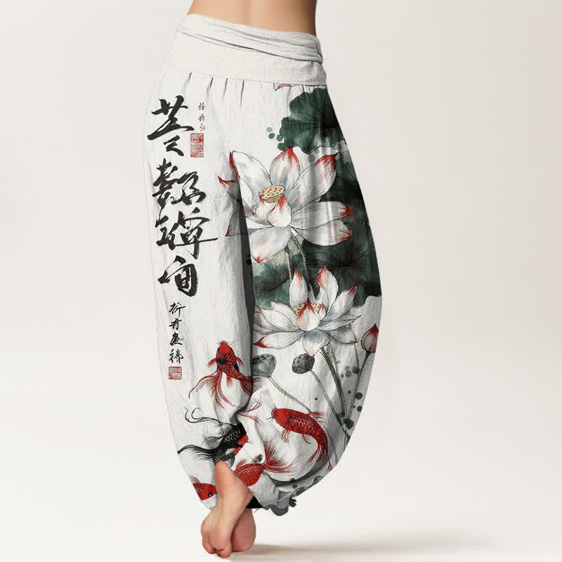 Buddha Stones Pantalon harem à taille élastique pour femme, en coton, avec motif calligraphique à l'encre de carpes koï rouges et lotus. - image 1