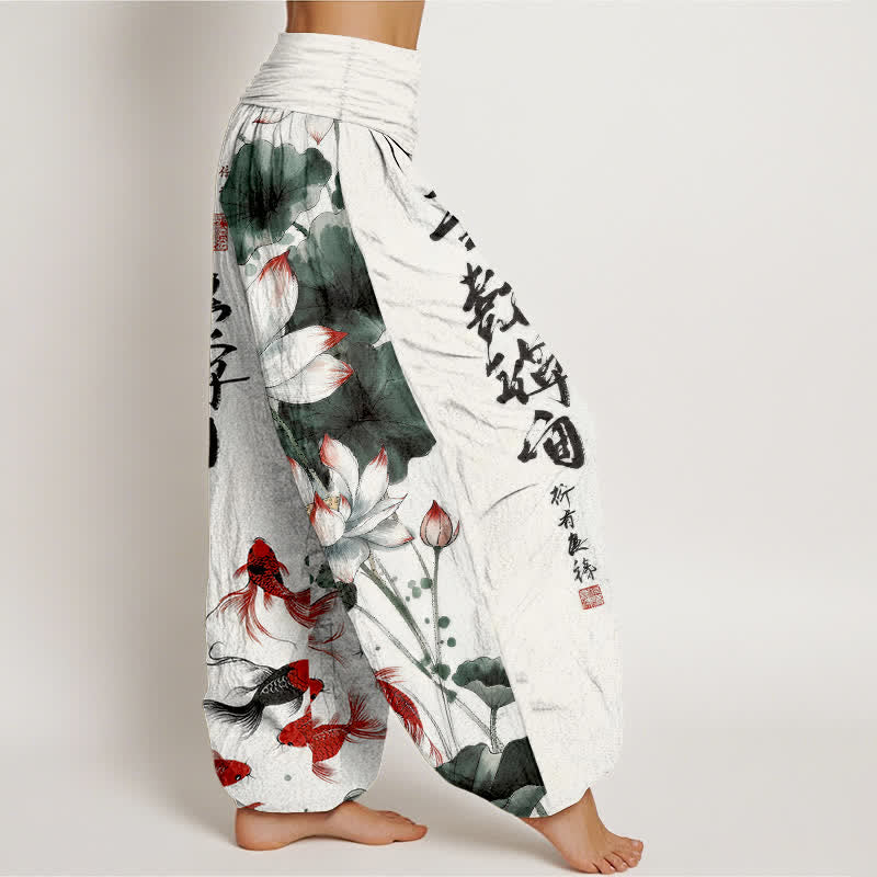 Buddha Stones Pantalon harem à taille élastique pour femme, en coton, avec motif calligraphique à l'encre de carpes koï rouges et lotus. - image 2