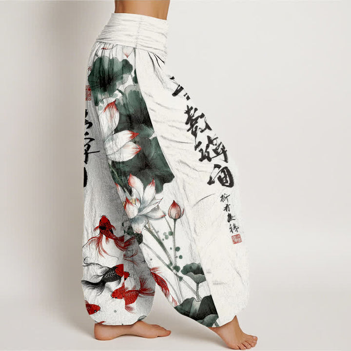 Buddha Stones Pantalon harem à taille élastique pour femme, en coton, avec motif calligraphique à l'encre de carpes koï rouges et lotus. - image 2