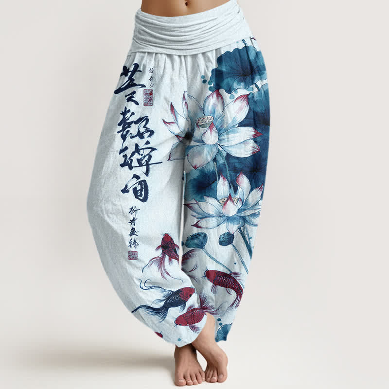 Buddha Stones Pantalon harem à taille élastique pour femme, en coton, avec motif calligraphique à l'encre de carpes koï rouges et lotus. - Bleu poudré - US16，UK/AU20，EU48 (3XL) - image 5
