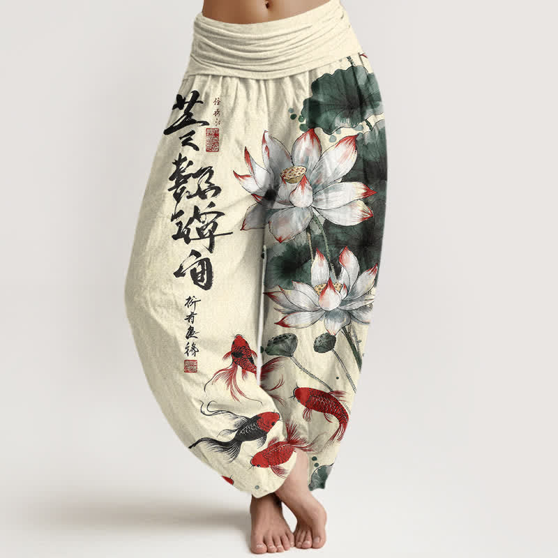 Buddha Stones Pantalon harem à taille élastique pour femme, en coton, avec motif calligraphique à l'encre de carpes koï rouges et lotus. - soie de maïs - US16，UK/AU20，EU48 (3XL) - image 8