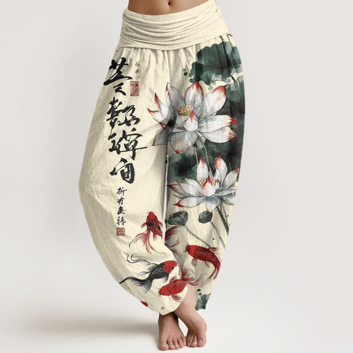 Buddha Stones Pantalon harem à taille élastique pour femme, en coton, avec motif calligraphique à l'encre de carpes koï rouges et lotus. - soie de maïs - US16，UK/AU20，EU48 (3XL) - image 8