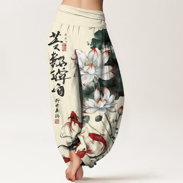 Buddha Stones Pantalon harem à taille élastique pour femme, en coton, avec motif calligraphique à l'encre de carpes koï rouges et lotus. - image 9