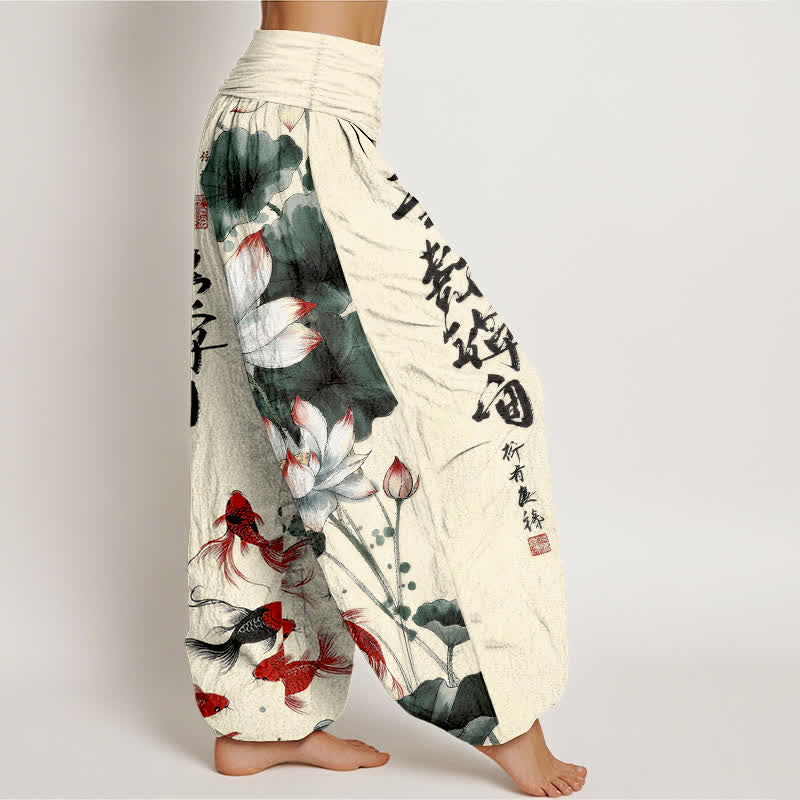 Buddha Stones Pantalon harem à taille élastique pour femme, en coton, avec motif calligraphique à l'encre de carpes koï rouges et lotus. - image 10