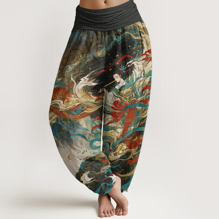 Buddha Stones Pantalon harem pour femme en coton Dunhuang à motif de nuages ​​orientaux et taille élastique - Noir - US16，UK/AU20，EU48 (3XL) - image 0