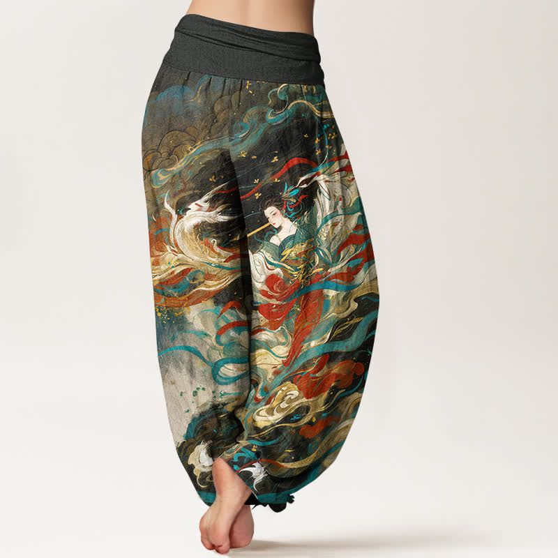 Buddha Stones Pantalon harem pour femme en coton Dunhuang à motif de nuages ​​orientaux et taille élastique - image 1