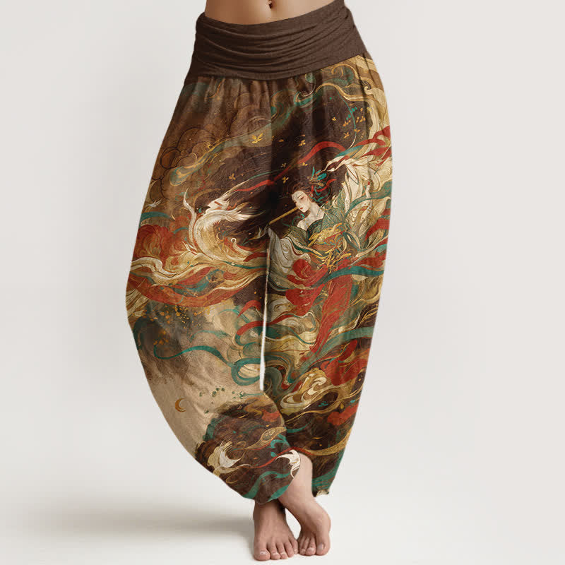 Buddha Stones Pantalon harem pour femme en coton Dunhuang à motif de nuages ​​orientaux et taille élastique - SaddleBrown - US16，UK/AU20，EU48 (3XL) - image 5