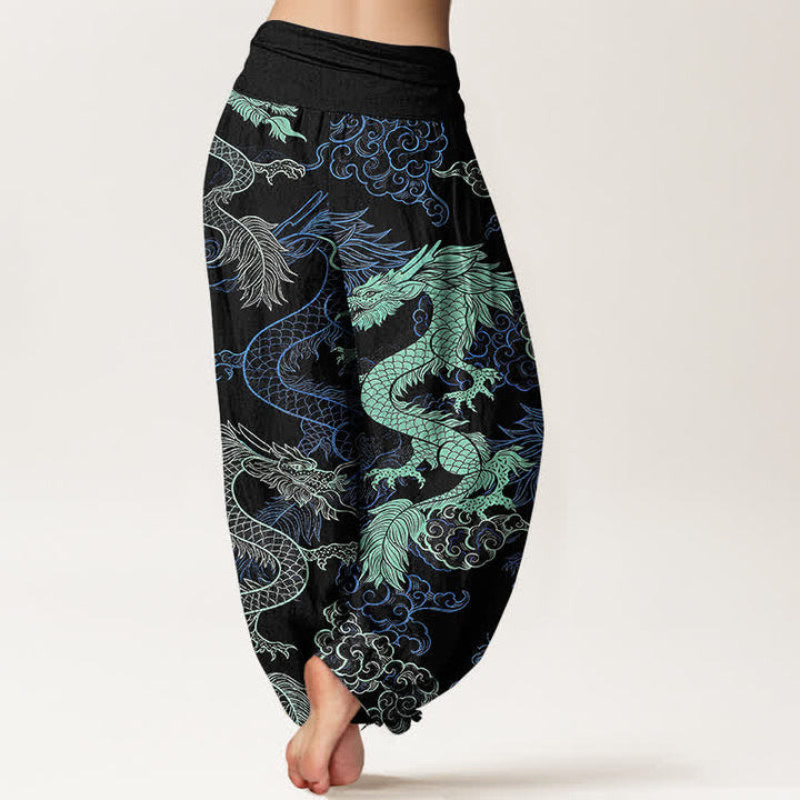 Buddha Stones Pantalon harem à taille élastique pour femme, en coton bleu azur et motif dragon. - image 1