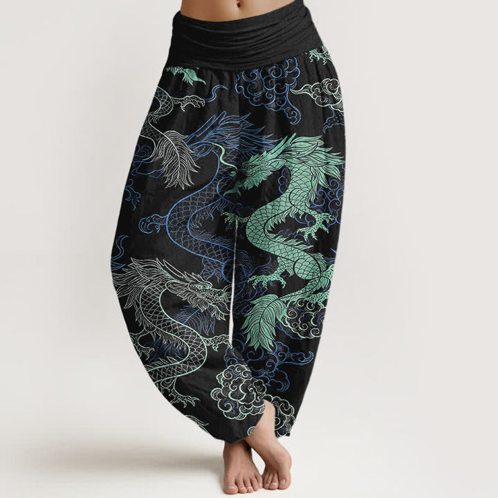Buddha Stones Pantalon harem à taille élastique pour femme, en coton bleu azur et motif dragon. - Noir - US16，UK/AU20，EU48 (3XL) - image 0