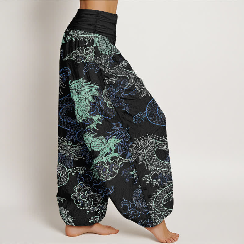 Buddha Stones Pantalon harem à taille élastique pour femme, en coton bleu azur et motif dragon. - image 2
