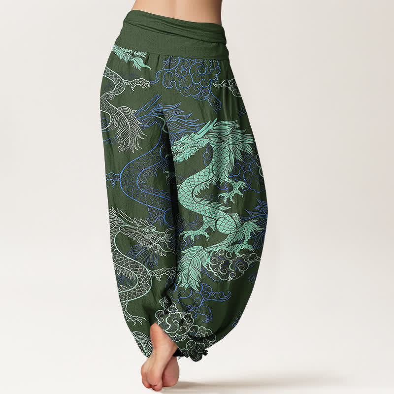 Buddha Stones Pantalon harem à taille élastique pour femme, en coton bleu azur et motif dragon. - image 6