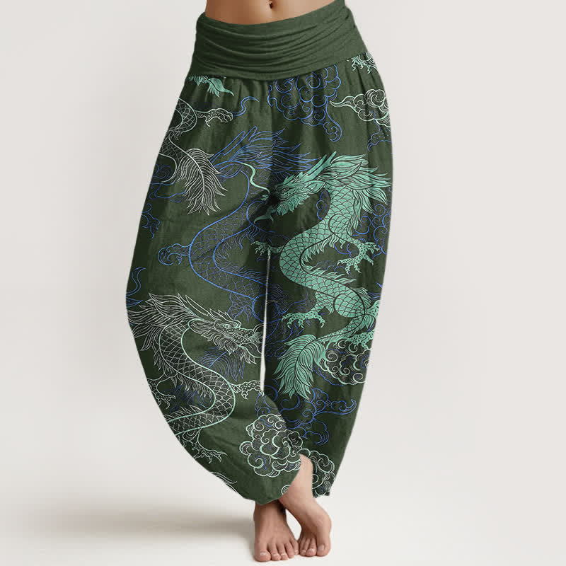 Buddha Stones Pantalon harem à taille élastique pour femme, en coton bleu azur et motif dragon. - Vert olive foncé - US16，UK/AU20，EU48 (3XL) - image 5