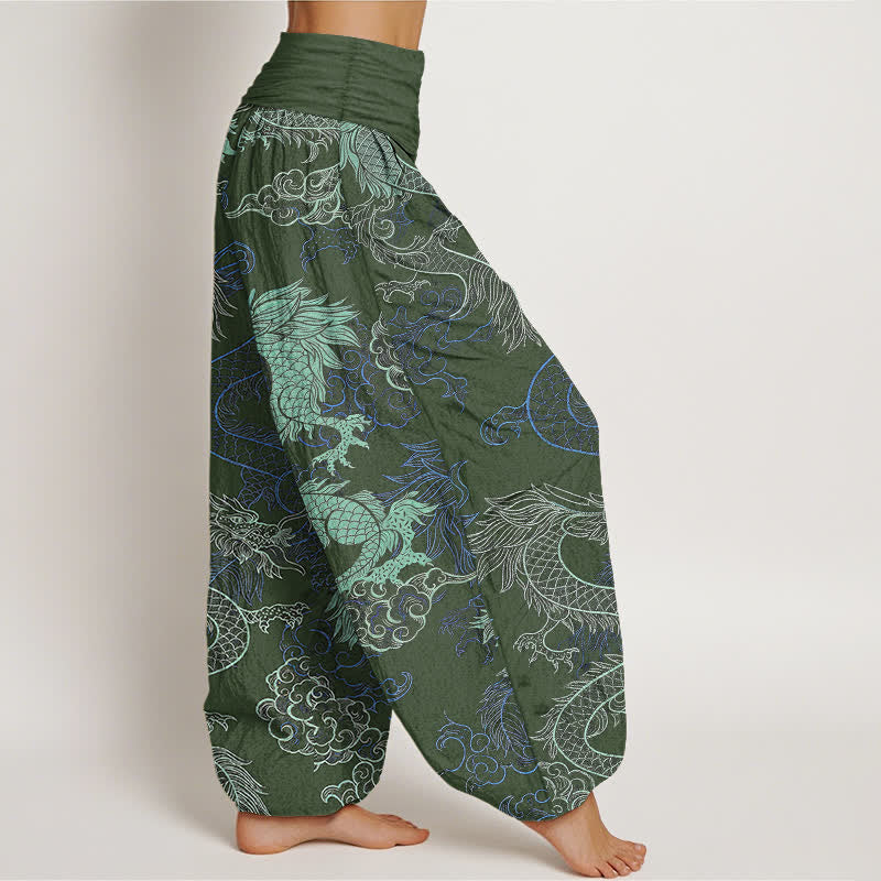 Buddha Stones Pantalon harem à taille élastique pour femme, en coton bleu azur et motif dragon. - image 7