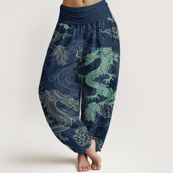Buddha Stones Pantalon harem à taille élastique pour femme, en coton bleu azur et motif dragon. - Marine - US16，UK/AU20，EU48 (3XL) - image 8