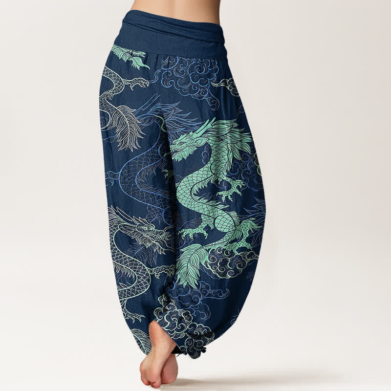 Buddha Stones Pantalon harem à taille élastique pour femme, en coton bleu azur et motif dragon. - image 9