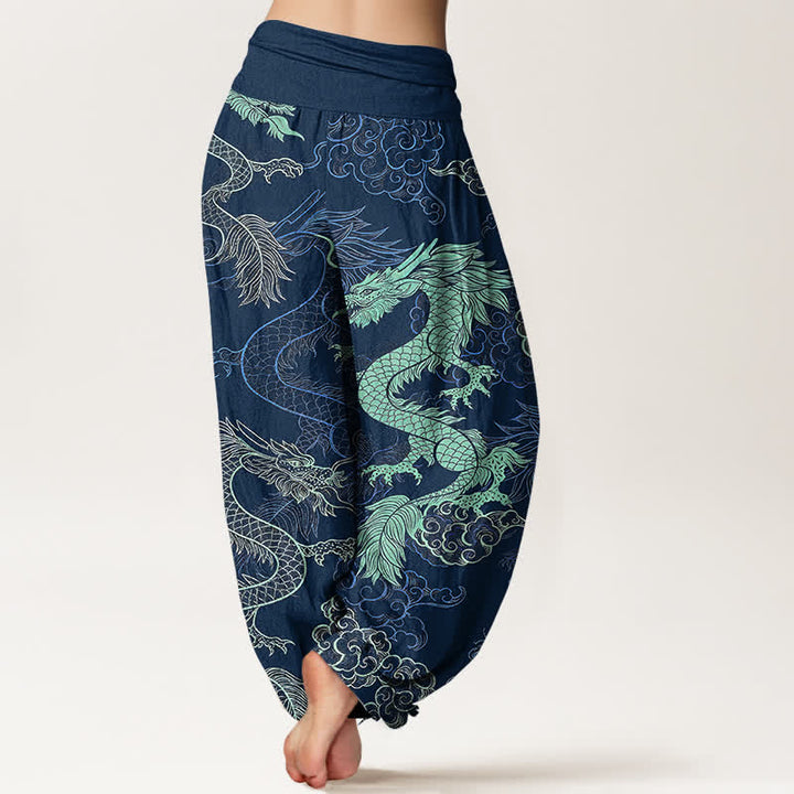 Buddha Stones Pantalon harem à taille élastique pour femme, en coton bleu azur et motif dragon. - image 9