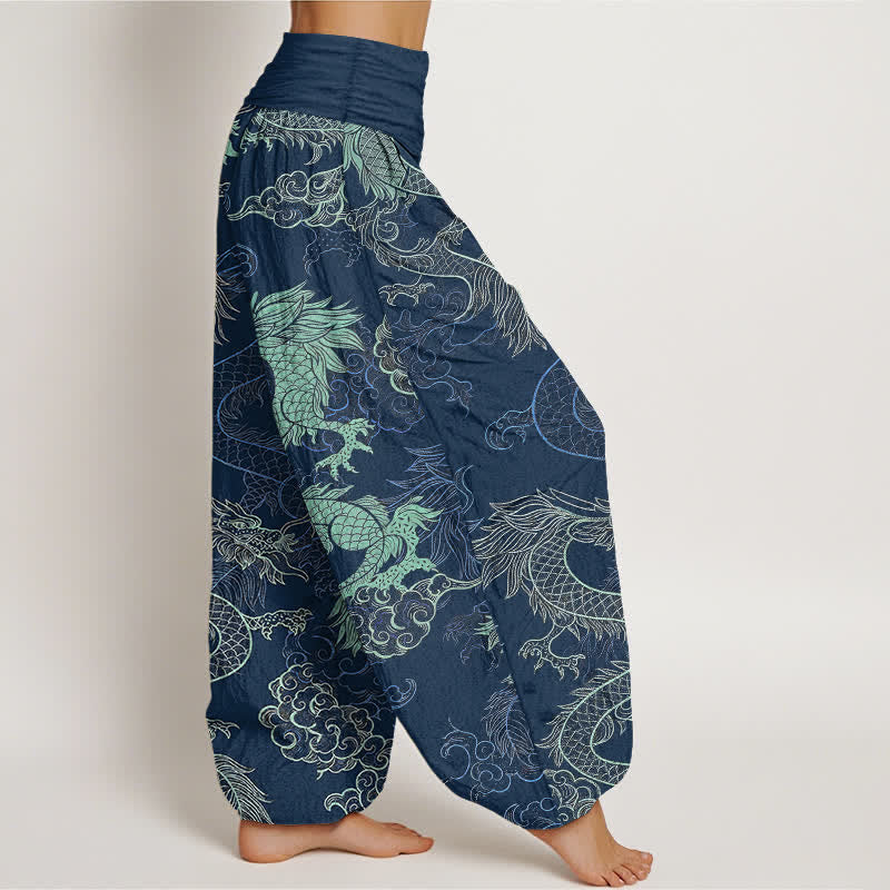 Buddha Stones Pantalon harem à taille élastique pour femme, en coton bleu azur et motif dragon. - image 10