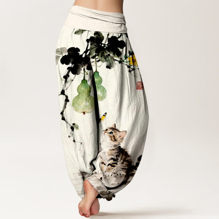Buddha Stones Pantalon harem à taille élastique pour femme, motif chat et courge, encre de coton - image 1