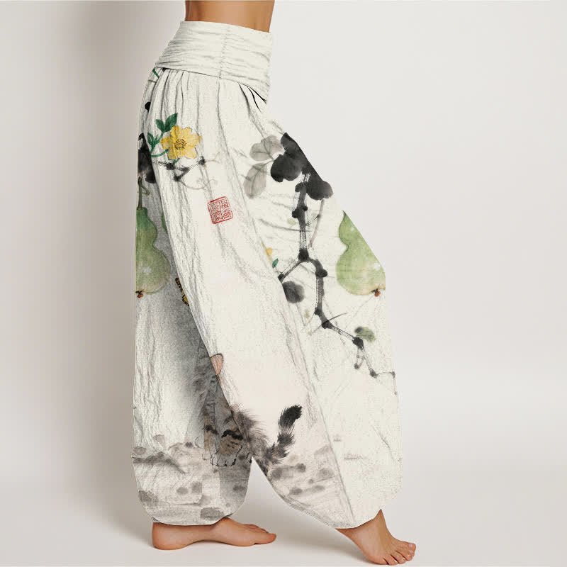 Buddha Stones Pantalon harem à taille élastique pour femme, motif chat et courge, encre de coton - image 2