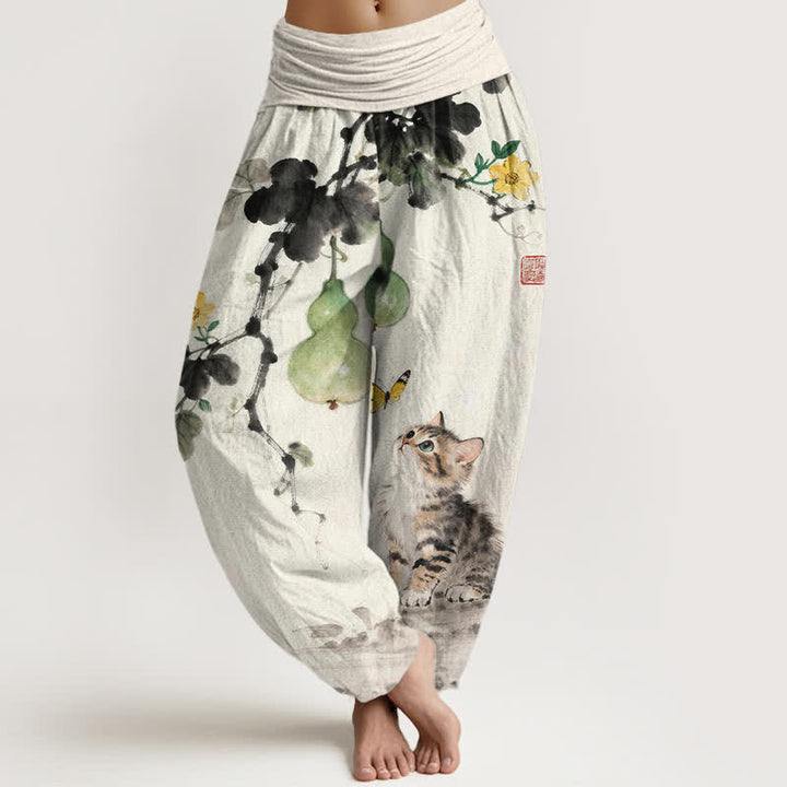 Buddha Stones Pantalon harem à taille élastique pour femme, motif chat et courge, encre de coton - Ivoire - US16，UK/AU20，EU48 (3XL) - image 0