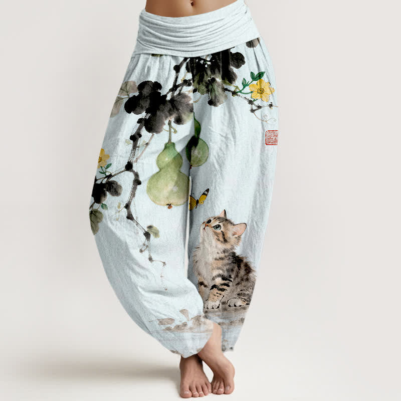 Buddha Stones Pantalon harem à taille élastique pour femme, motif chat et courge, encre de coton - Bleu clair - US16，UK/AU20，EU48 (3XL) - image 5