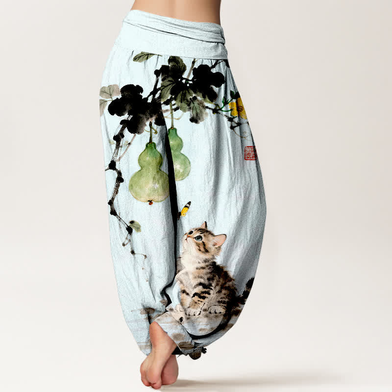 Buddha Stones Pantalon harem à taille élastique pour femme, motif chat et courge, encre de coton - image 6