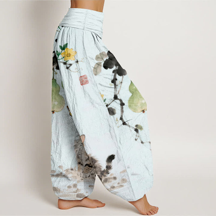 Buddha Stones Pantalon harem à taille élastique pour femme, motif chat et courge, encre de coton - image 7