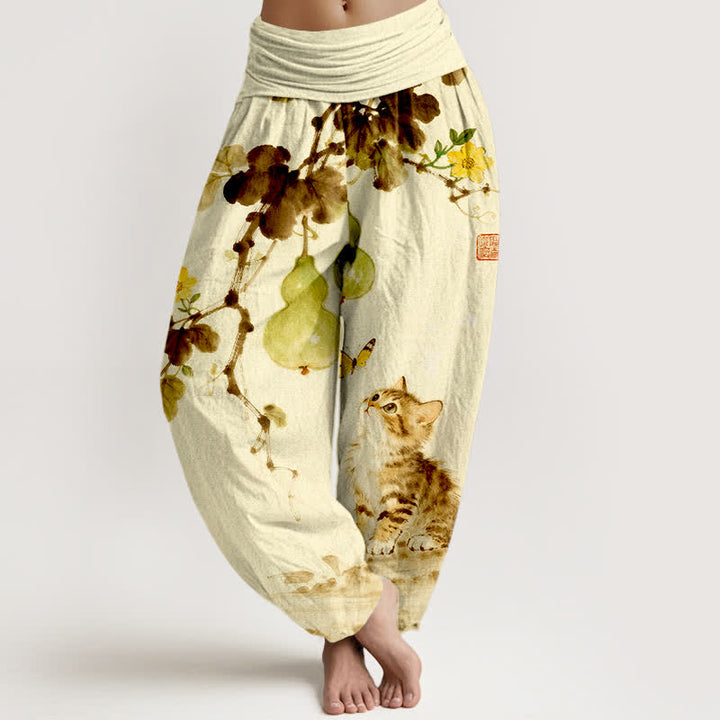 Buddha Stones Pantalon harem à taille élastique pour femme, motif chat et courge, encre de coton - soie de maïs - US16，UK/AU20，EU48 (3XL) - image 8