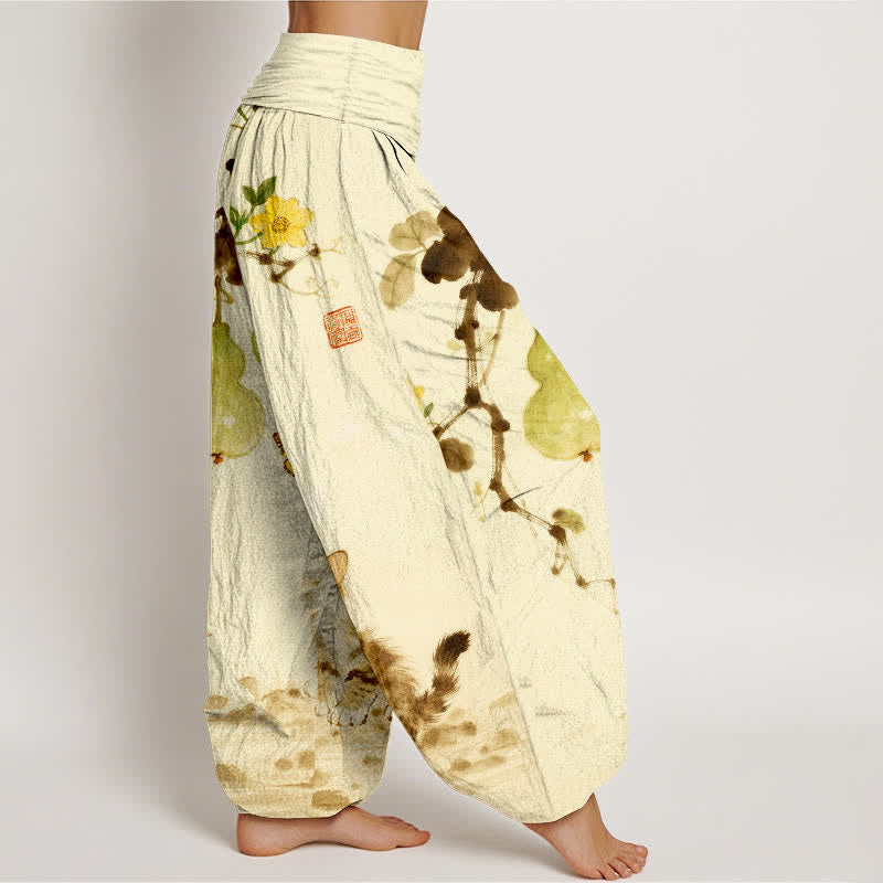 Buddha Stones Pantalon harem à taille élastique pour femme, motif chat et courge, encre de coton - image 10