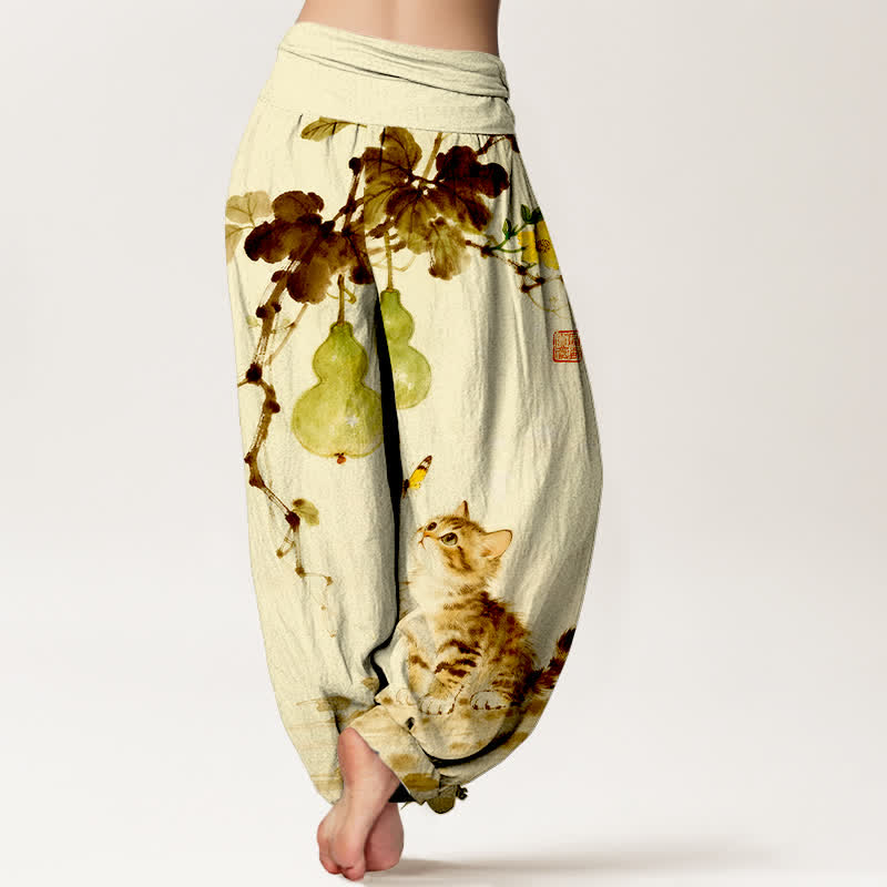 Buddha Stones Pantalon harem à taille élastique pour femme, motif chat et courge, encre de coton - image 9