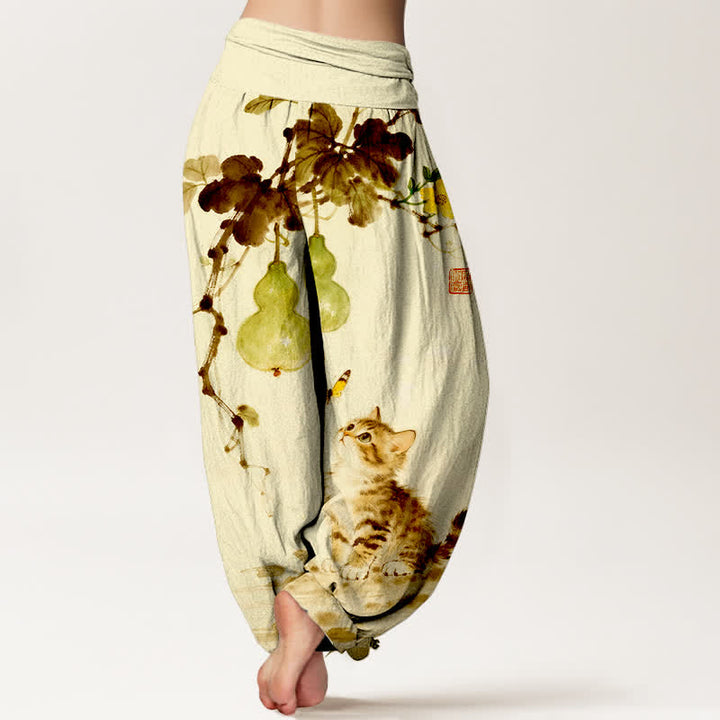 Buddha Stones Pantalon harem à taille élastique pour femme, motif chat et courge, encre de coton - image 9
