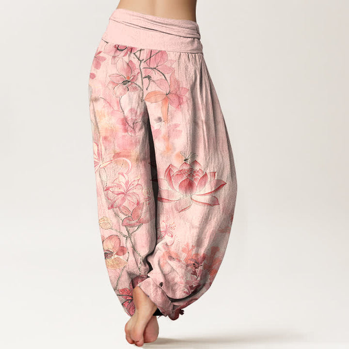 Buddha Stones Pantalon harem à taille élastique pour femme, en coton, motif lotus et libellule - image 1