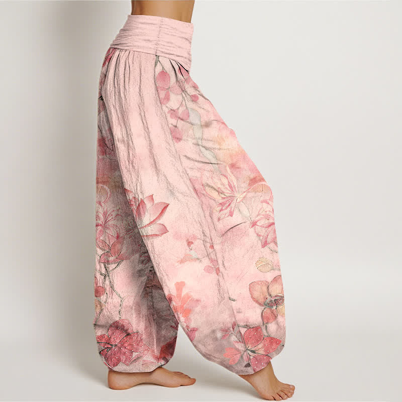 Buddha Stones Pantalon harem à taille élastique pour femme, en coton, motif lotus et libellule - image 2