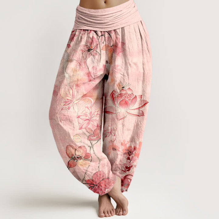 Buddha Stones Pantalon harem à taille élastique pour femme, en coton, motif lotus et libellule - Rose clair - US16，UK/AU20，EU48 (3XL) - image 0
