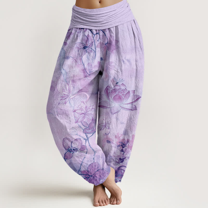Buddha Stones Pantalon harem à taille élastique pour femme, en coton, motif lotus et libellule - Lavande - US16，UK/AU20，EU48 (3XL) - image 5
