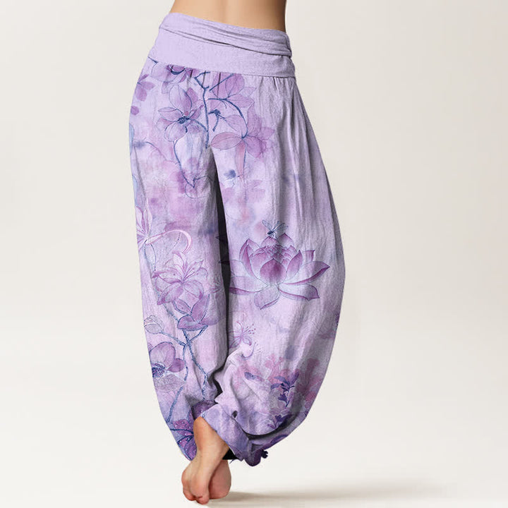 Buddha Stones Pantalon harem à taille élastique pour femme, en coton, motif lotus et libellule - image 6