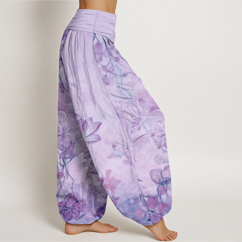 Buddha Stones Pantalon harem à taille élastique pour femme, en coton, motif lotus et libellule - image 7