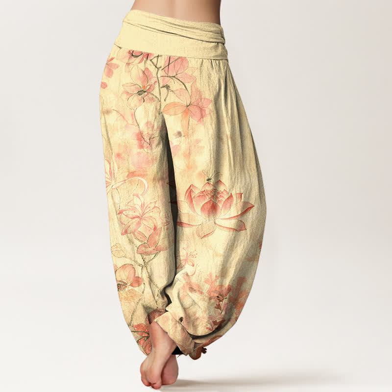 Buddha Stones Pantalon harem à taille élastique pour femme, en coton, motif lotus et libellule - image 9