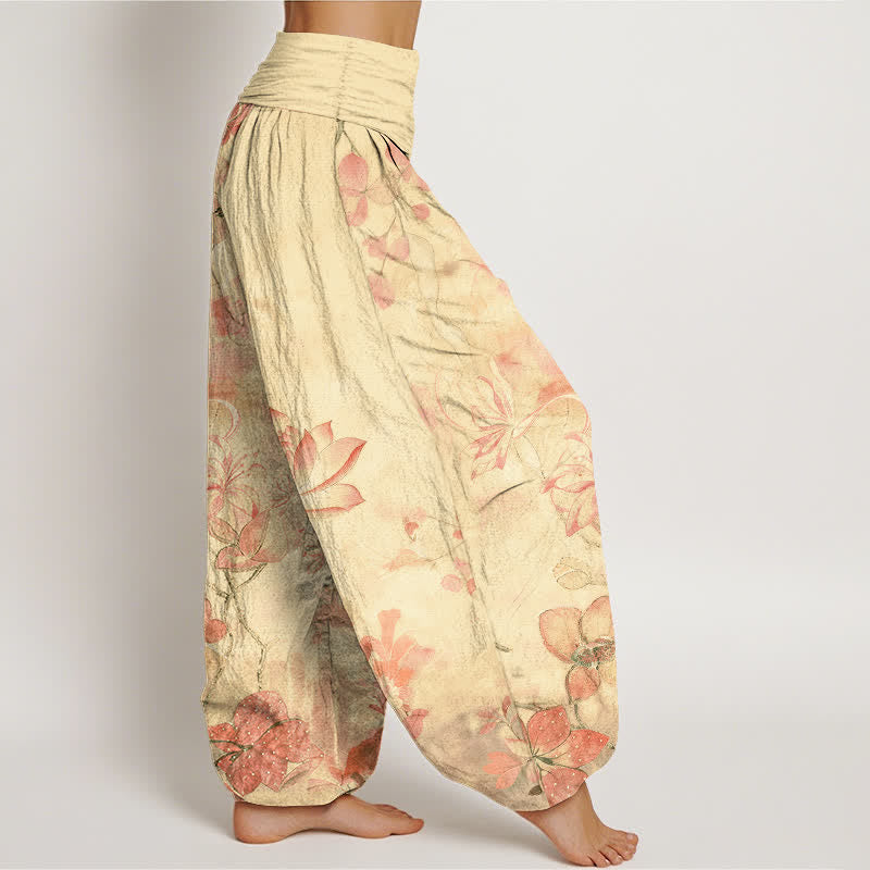 Buddha Stones Pantalon harem à taille élastique pour femme, en coton, motif lotus et libellule - image 10