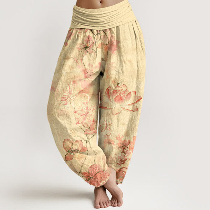 Buddha Stones Pantalon harem à taille élastique pour femme, en coton, motif lotus et libellule - LemonChiffon - US16，UK/AU20，EU48 (3XL) - image 8