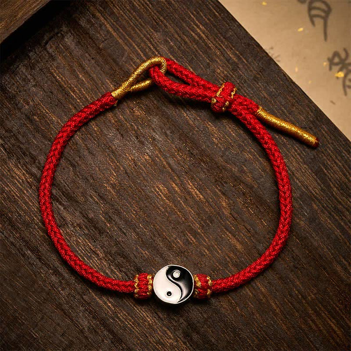 Buddha Stones Bracelet porte-bonheur Yin Yang en cordon tressé rouge tissé à la main - Rouge vif - image 4