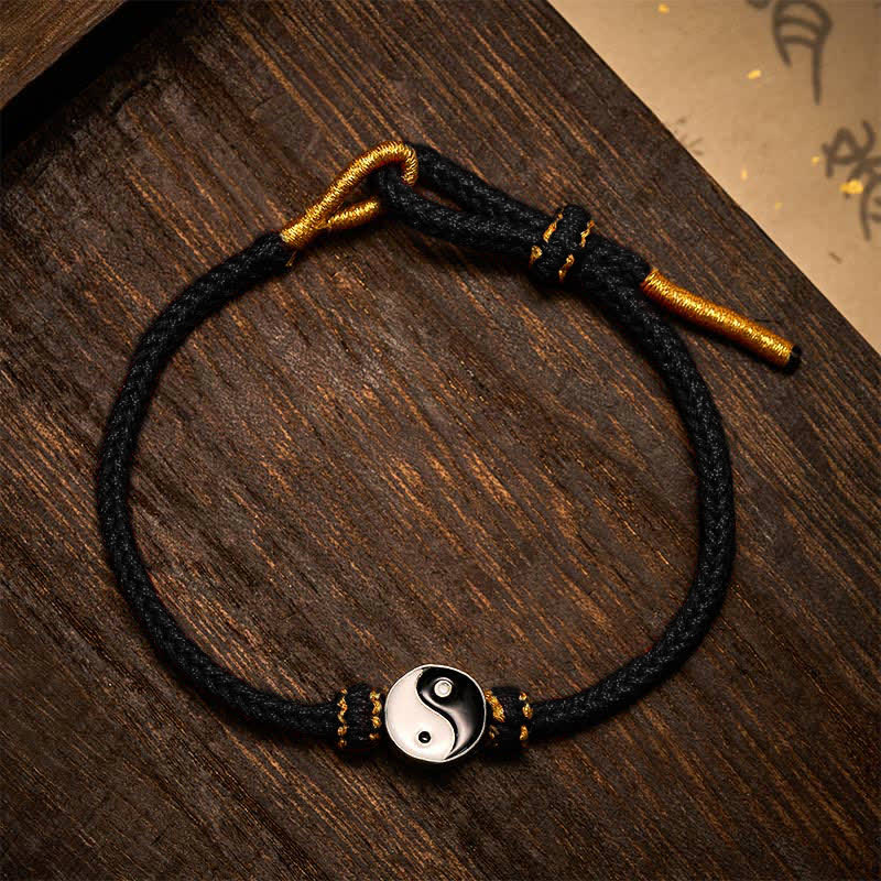 Buddha Stones Bracelet porte-bonheur Yin Yang en cordon tressé rouge tissé à la main - Noir - image 9