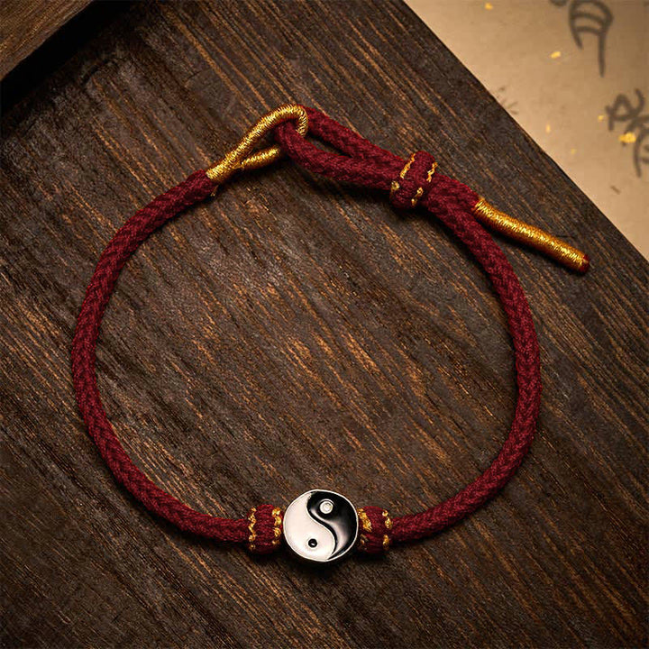 Buddha Stones Bracelet porte-bonheur Yin Yang en cordon tressé rouge tissé à la main - Rouge vin - image 0